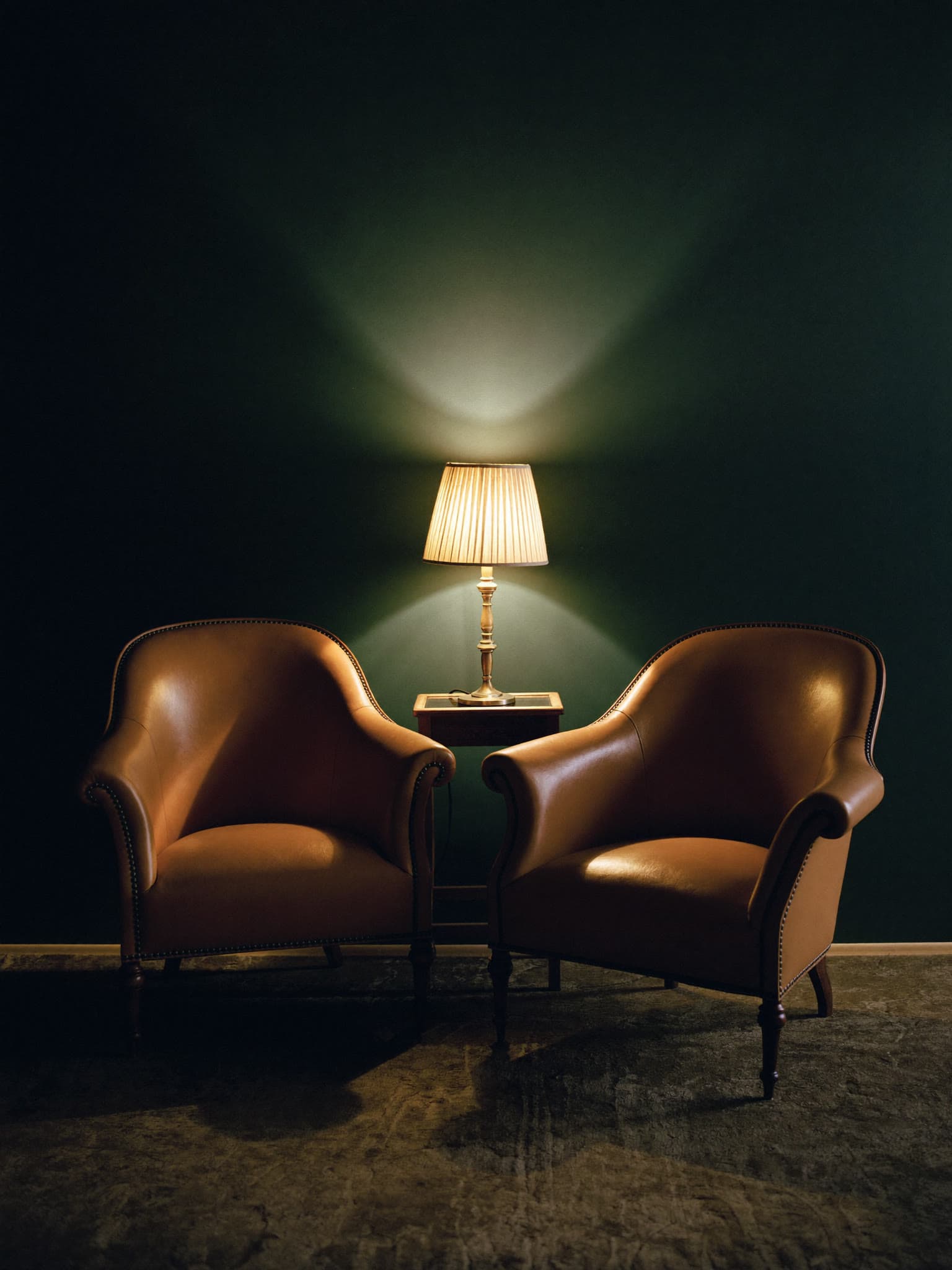 Dos sillones de cuero frente a frente junto a una lámpara encendida.