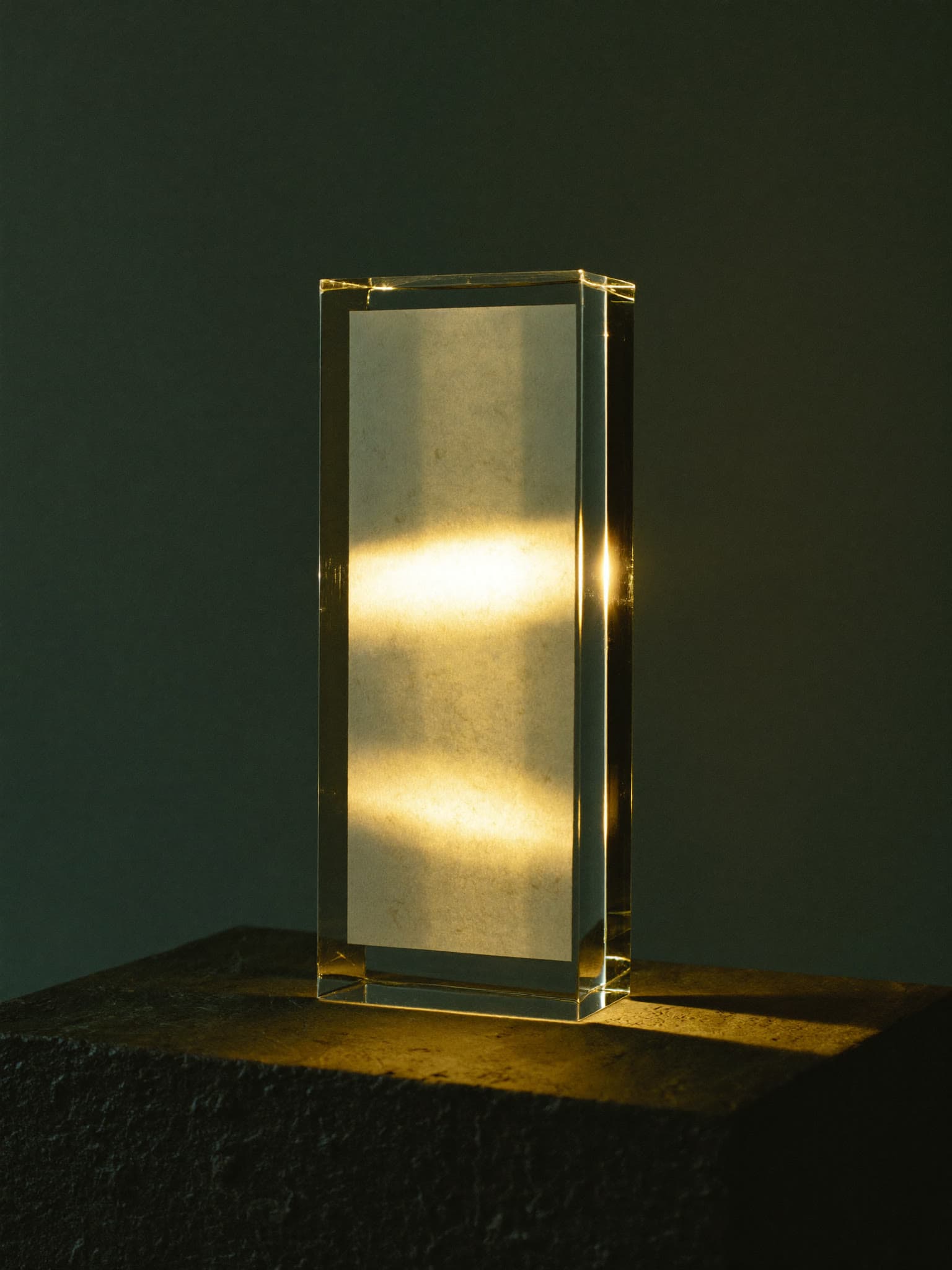 Prisma de cristal atravesado por un haz de luz cálida.